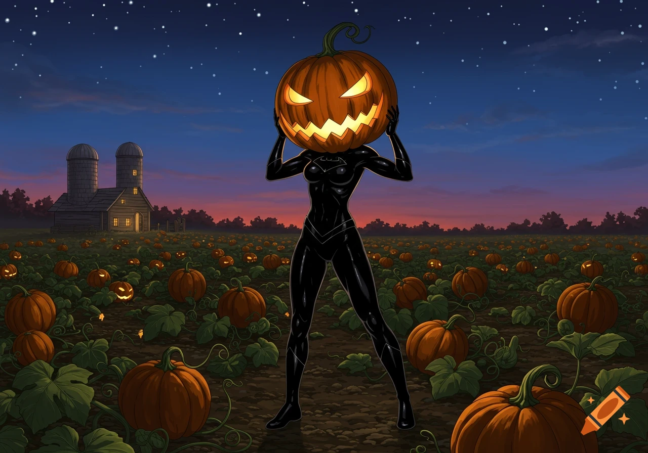 A woman with a glowing jack-o'-lantern head in a tight black suit stands in a pumpkin patch at night with a farmhouse and silos in the background.