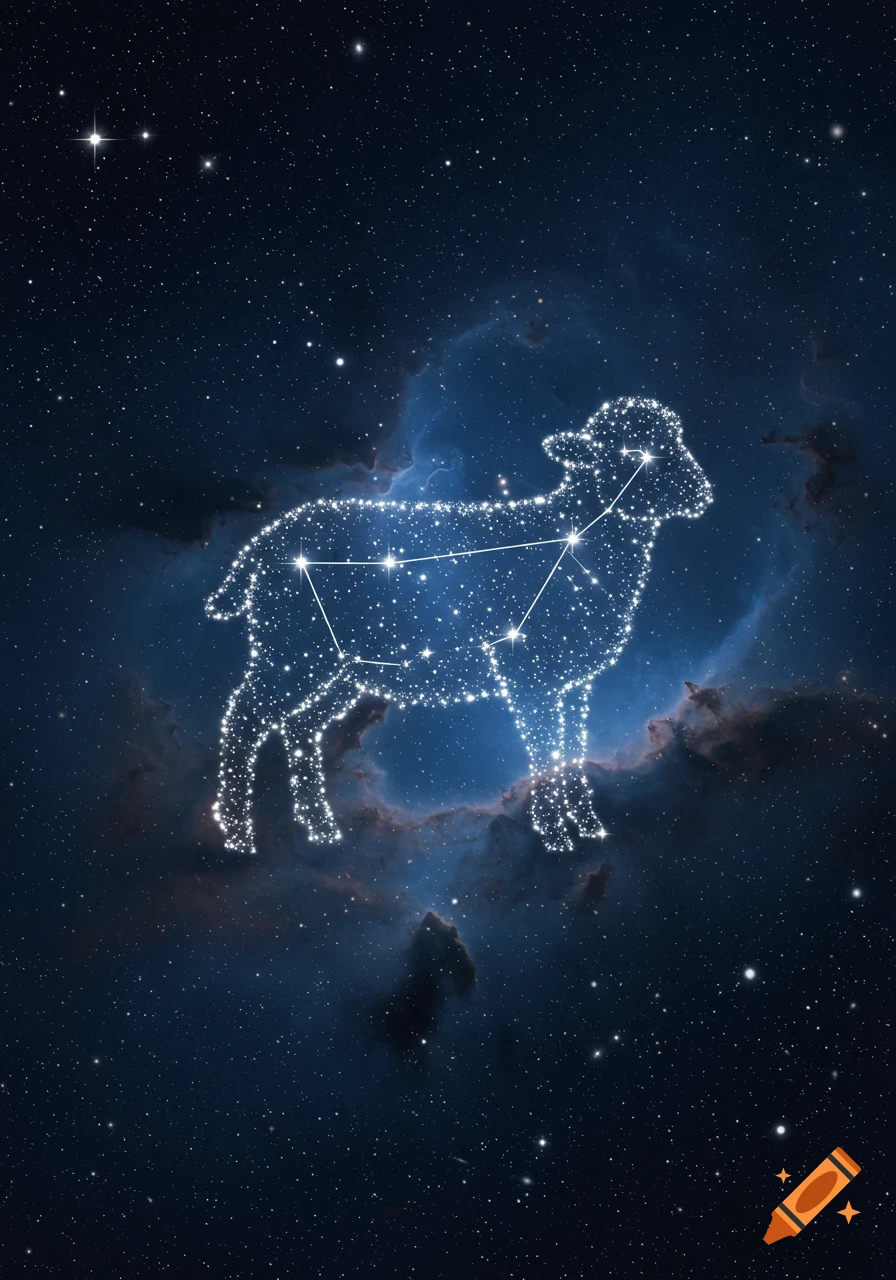 A luminous lamb constellation made of stars and lines, set against a dark blue cosmic background with nebulae and countless stars.