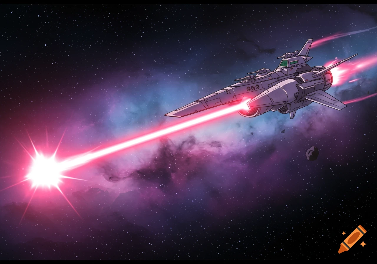 Anime style spaceship firing a red laser beam through a star-filled galaxy with nebulae.