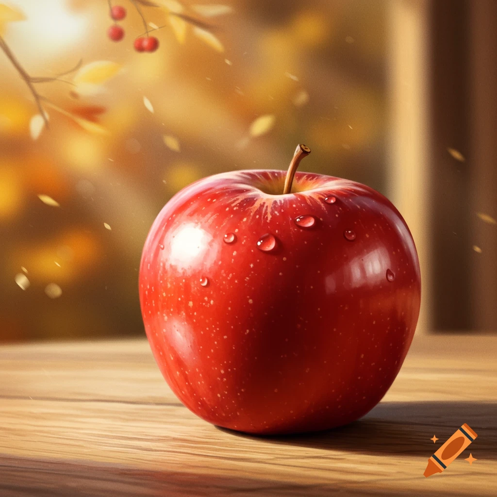 Photorealistic red apple with water droplets on a wooden table, blurred autumn background with leaves and berries.