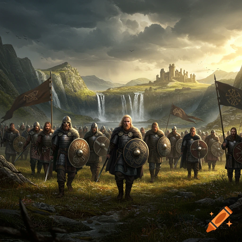 A group of Viking-like warriors in armor and shields walk through a grassy valley towards a castle and waterfalls under a dramatic sky.