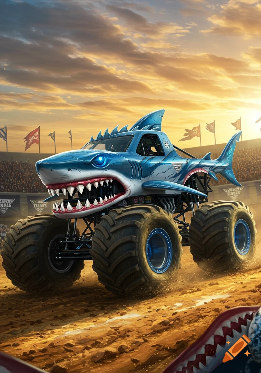 A shark-themed monster truck with glowing blue eyes drives on a dirt track in an arena during sunset, with crowds and flags in the background.
