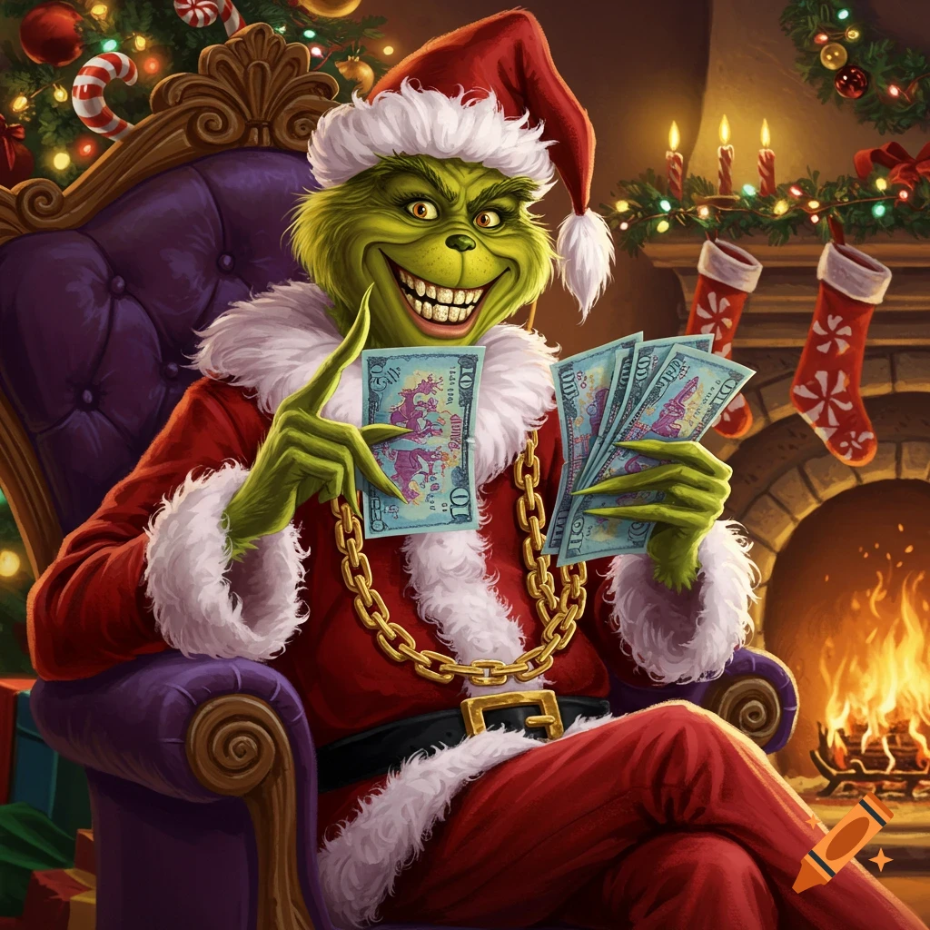 A grinning Grinch in a Santa suit and chains sits in an armchair, counting money with a Christmas tree and fireplace in the background.