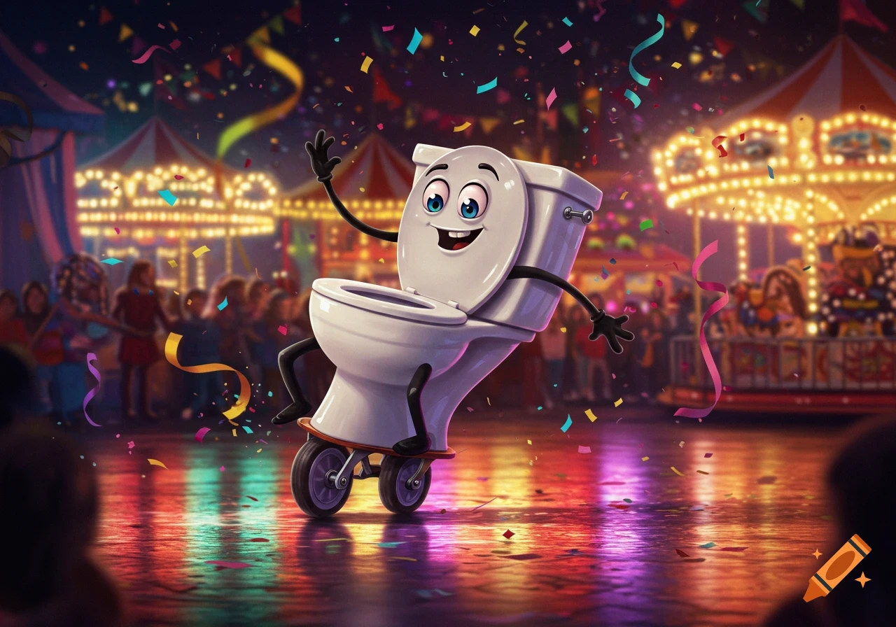 A cheerful, anthropomorphic toilet on a skateboard rolls through a vibrant carnival with confetti falling and colorful lights.