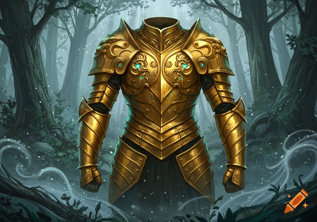 Ornate golden armor with glowing green jewels in a mystical forest, digital painting.