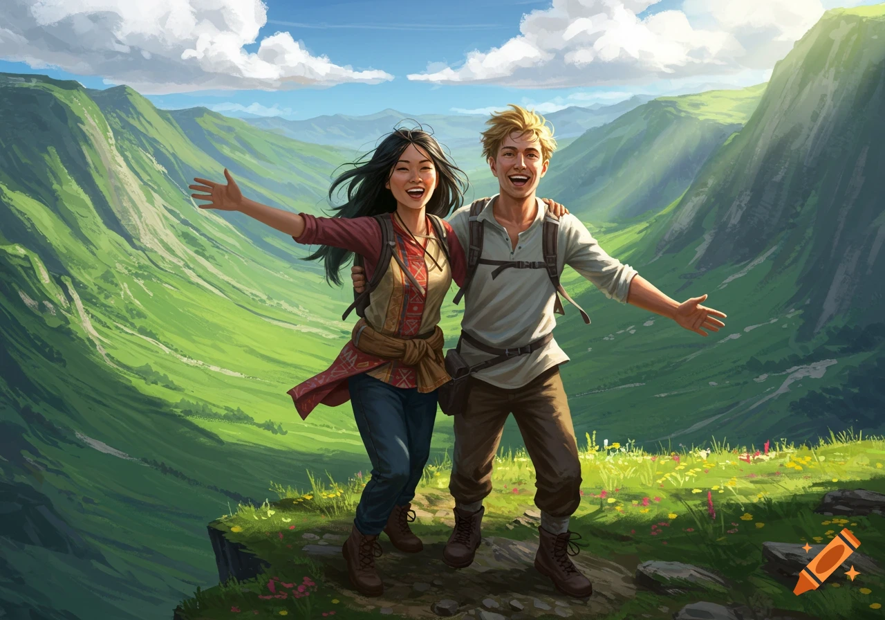 Two happy hikers, a man and a woman, stand on a cliff edge overlooking vibrant green mountains and valleys in an illustrated style.