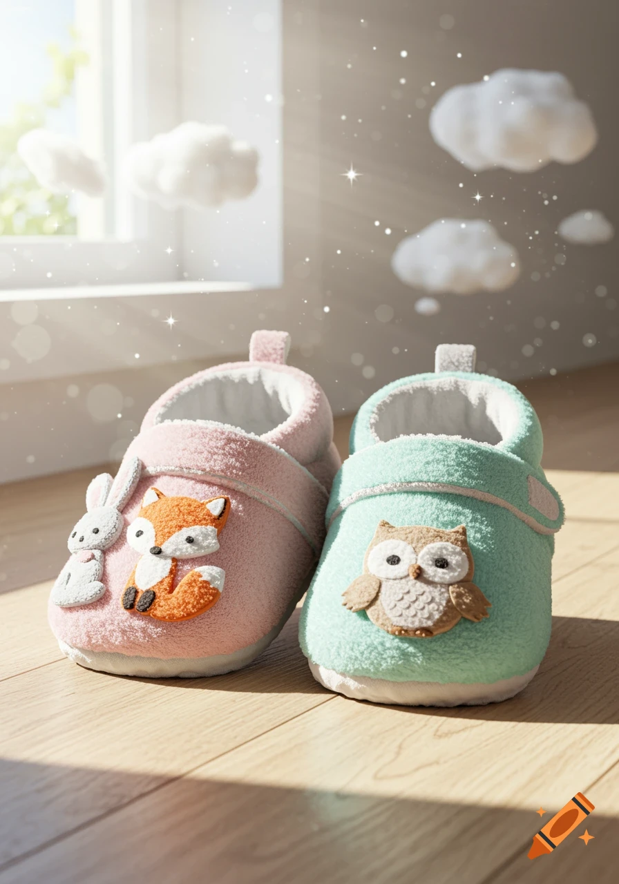 Pastel pink and teal baby shoes with animal appliqués (bunny, fox, owl) on a wooden floor in a sunny room.