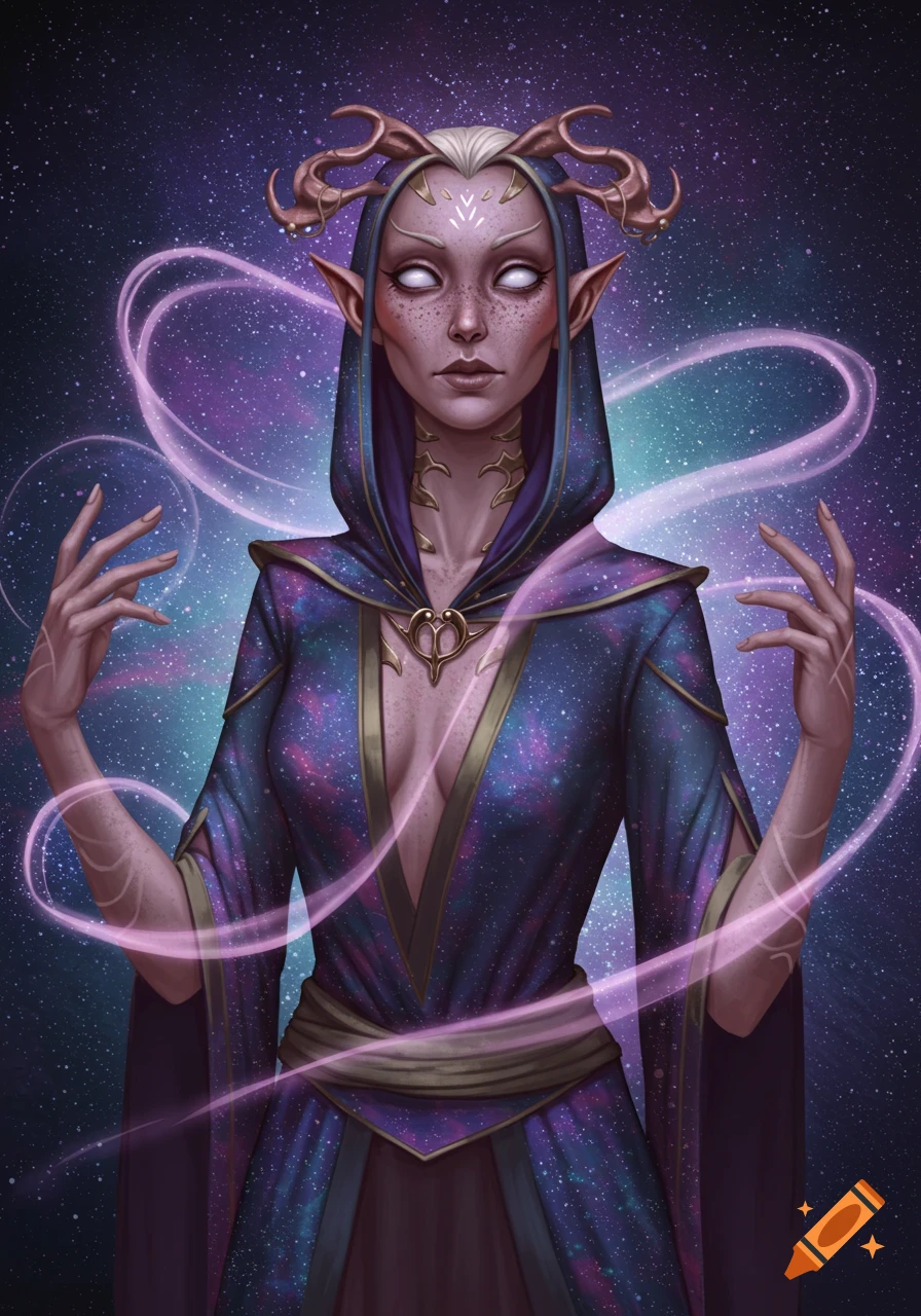 A purple-skinned fantasy sorceress with white eyes, horns, and freckles, wearing a cosmic hooded robe with pink magic against a starry background.