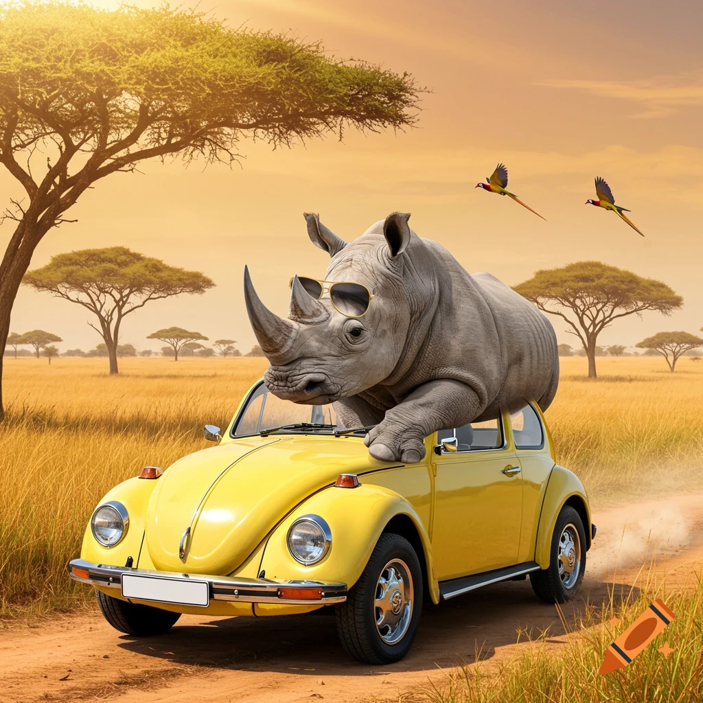 A photorealistic rhino in sunglasses sits atop a yellow VW Beetle driving through a sunny savanna with acacia trees and parrots.