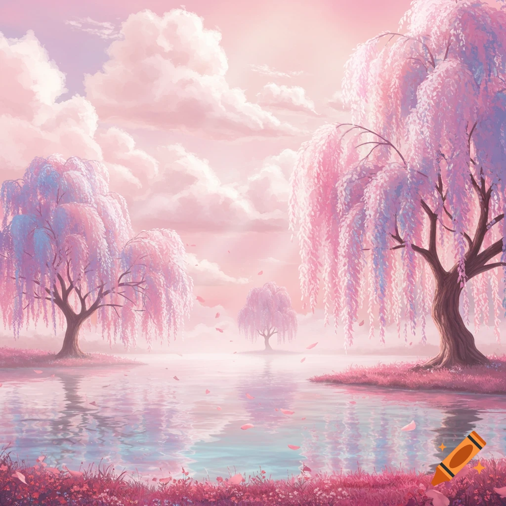 A serene, dreamlike landscape with pink weeping trees reflecting in calm water under a pastel pink and purple sky.
