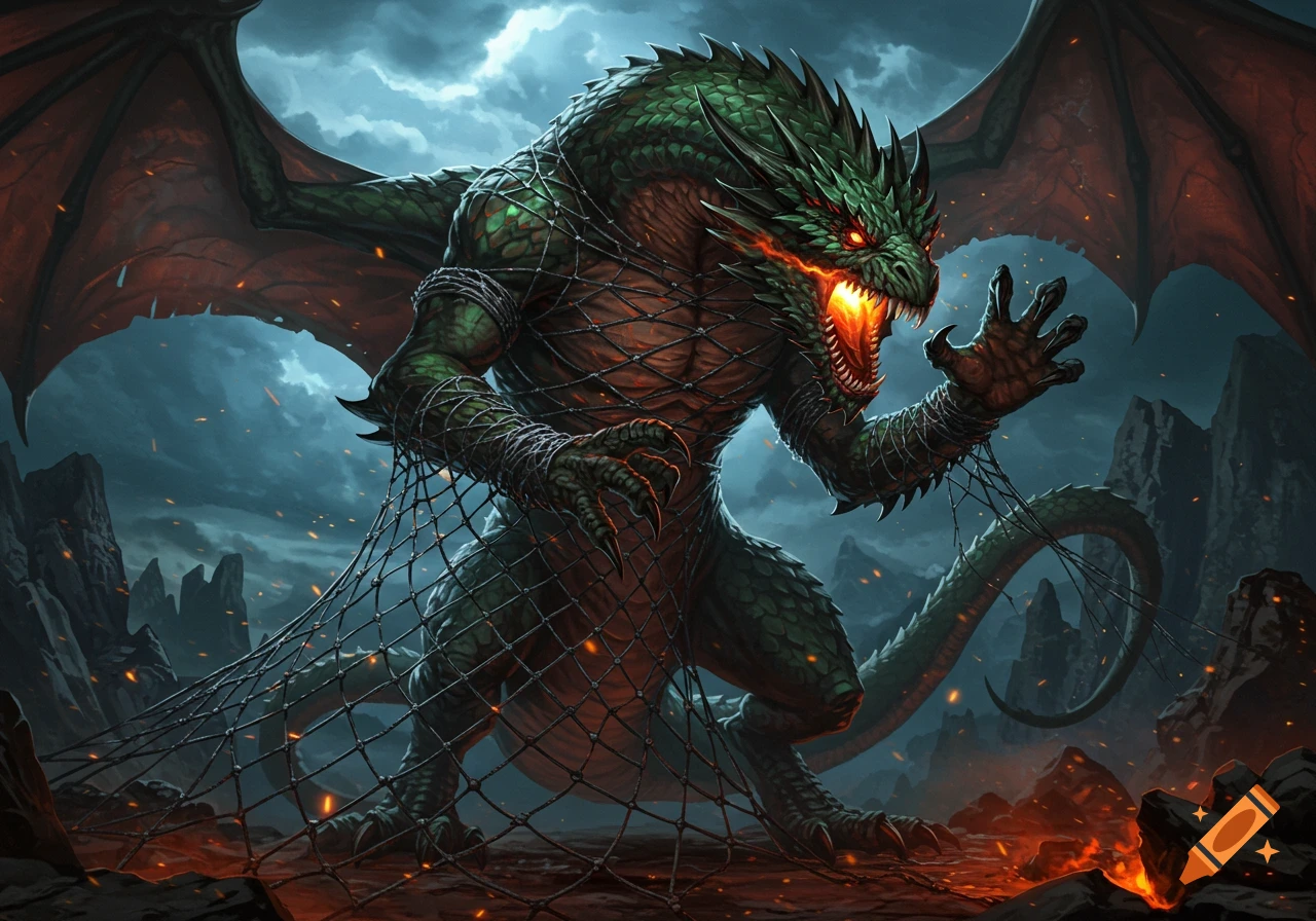 A fierce green dragon, partially trapped in a net, roars with fire erupting from its mouth, set against a dark, stormy sky.