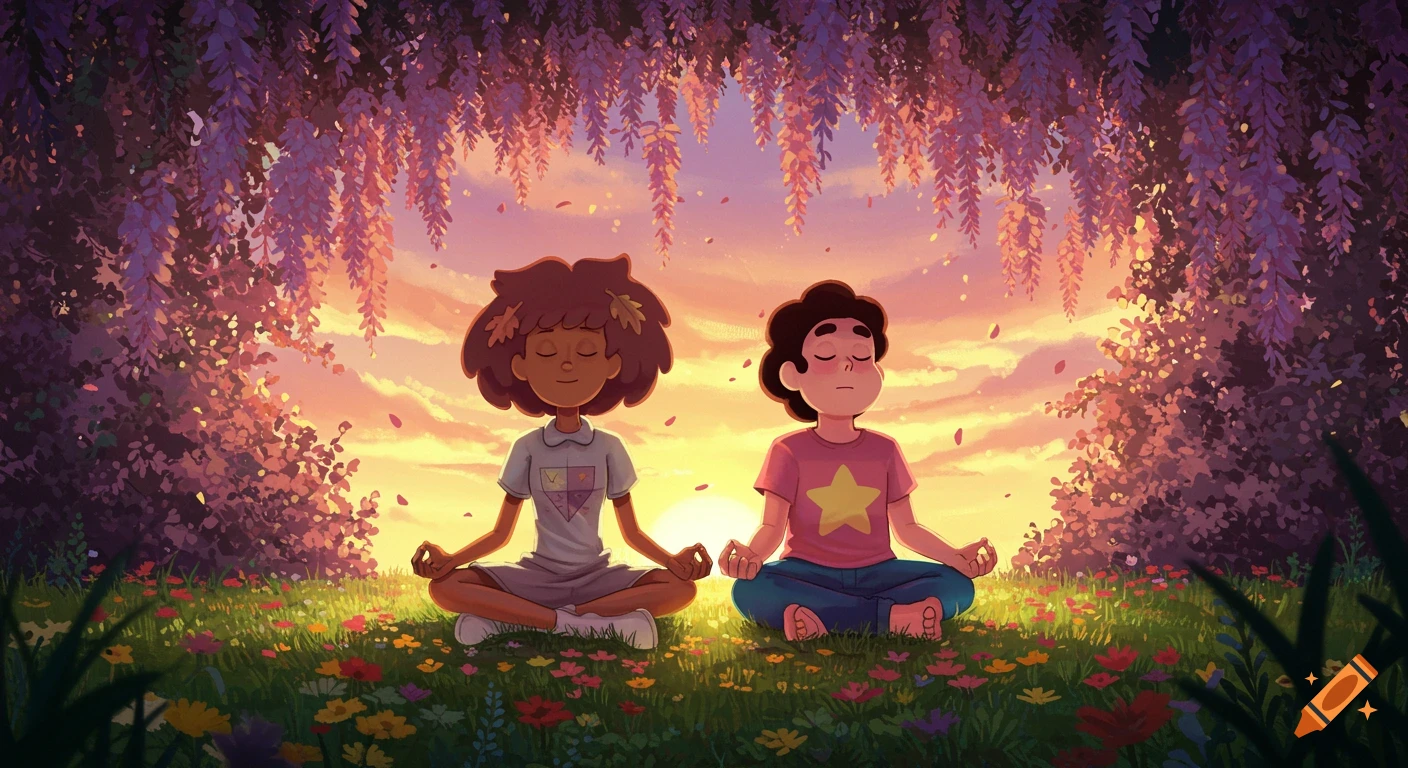 Anne Boonchuy and Steven Universe meditate with closed eyes in a vibrant flower garden at sunset, under hanging wisteria vines.