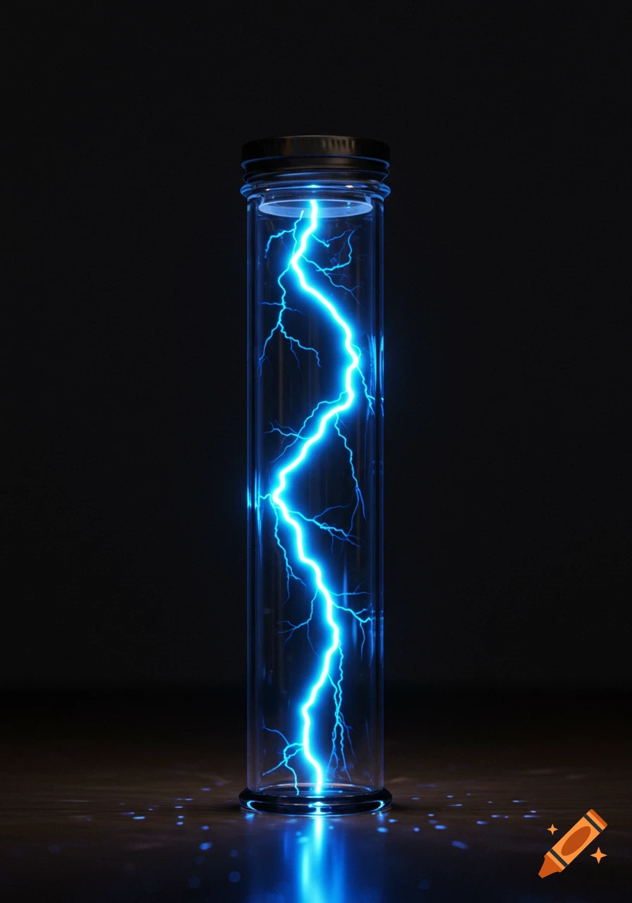 Photorealistic image of a tall glass tube sealed with a dark lid, containing a vibrant blue bolt of lightning.