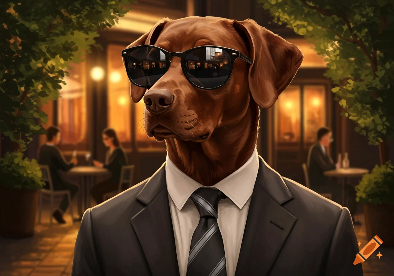 A brown dog wearing sunglasses, a suit, and a striped tie, posing at an outdoor cafe with blurred patrons in the background.
