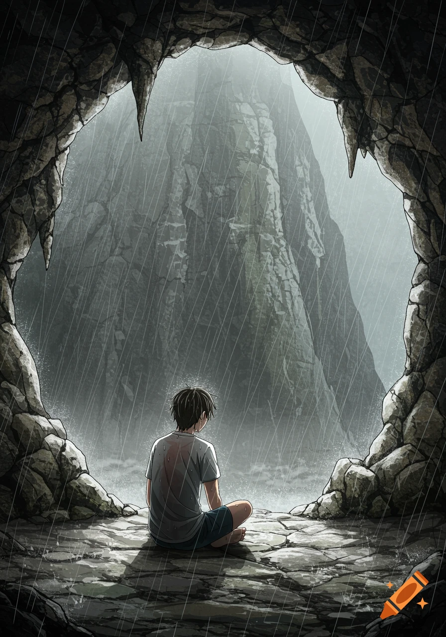A lonely teenage boy in a white t-shirt and blue shorts sits in a mountain cave, watching heavy rain fall outside. Gritty manga realism style.