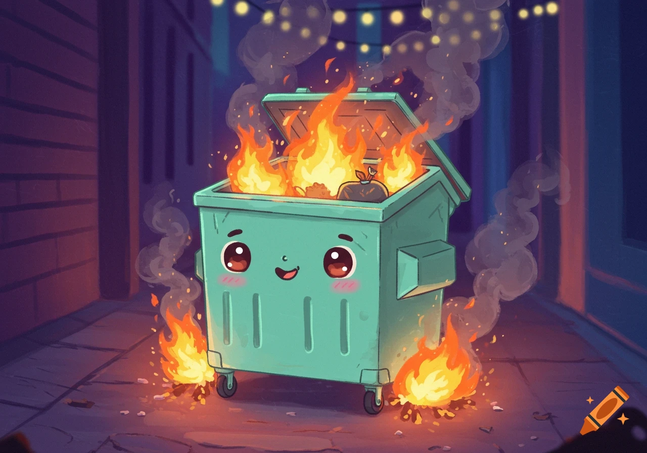 A cute, teal-colored dumpster with a smiling face and large eyes is burning in a dark alleyway, with string lights above.