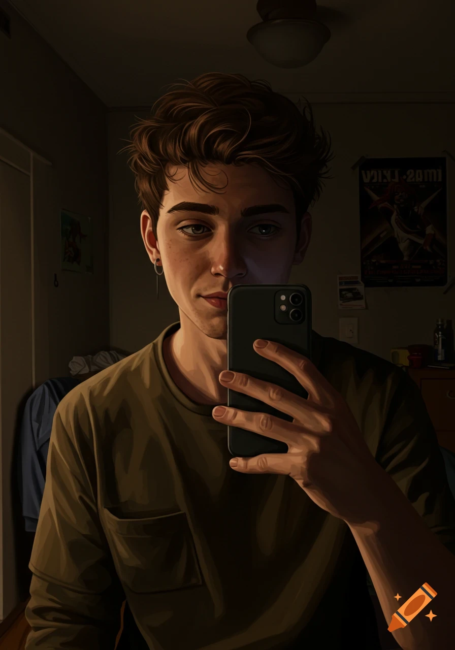 A young man with dark, wavy hair and an earring takes a selfie in a dimly lit bedroom, holding a dark smartphone.