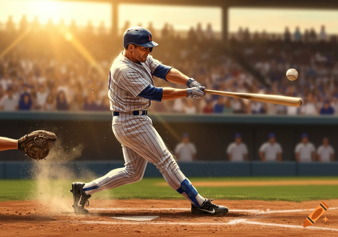 Photorealistic image of a baseball player in uniform swinging a bat to hit a ball in a sunny stadium.