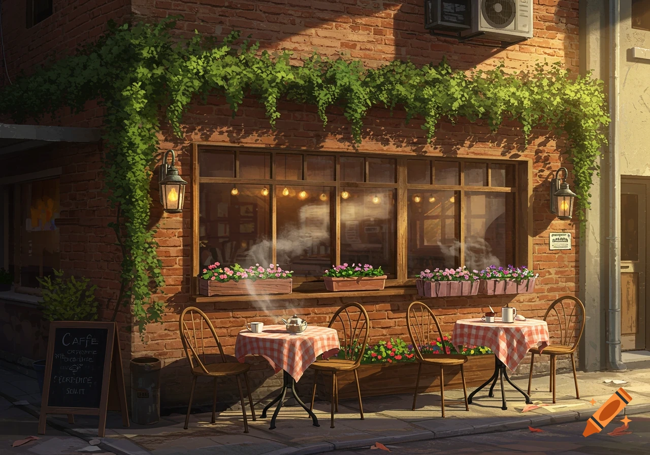 A charming cafe exterior with brick walls, green ivy, and large windows. Two outdoor tables with red checkered tablecloths, chairs, and steaming cups sit on the sidewalk, with a blackboard sign to the left.