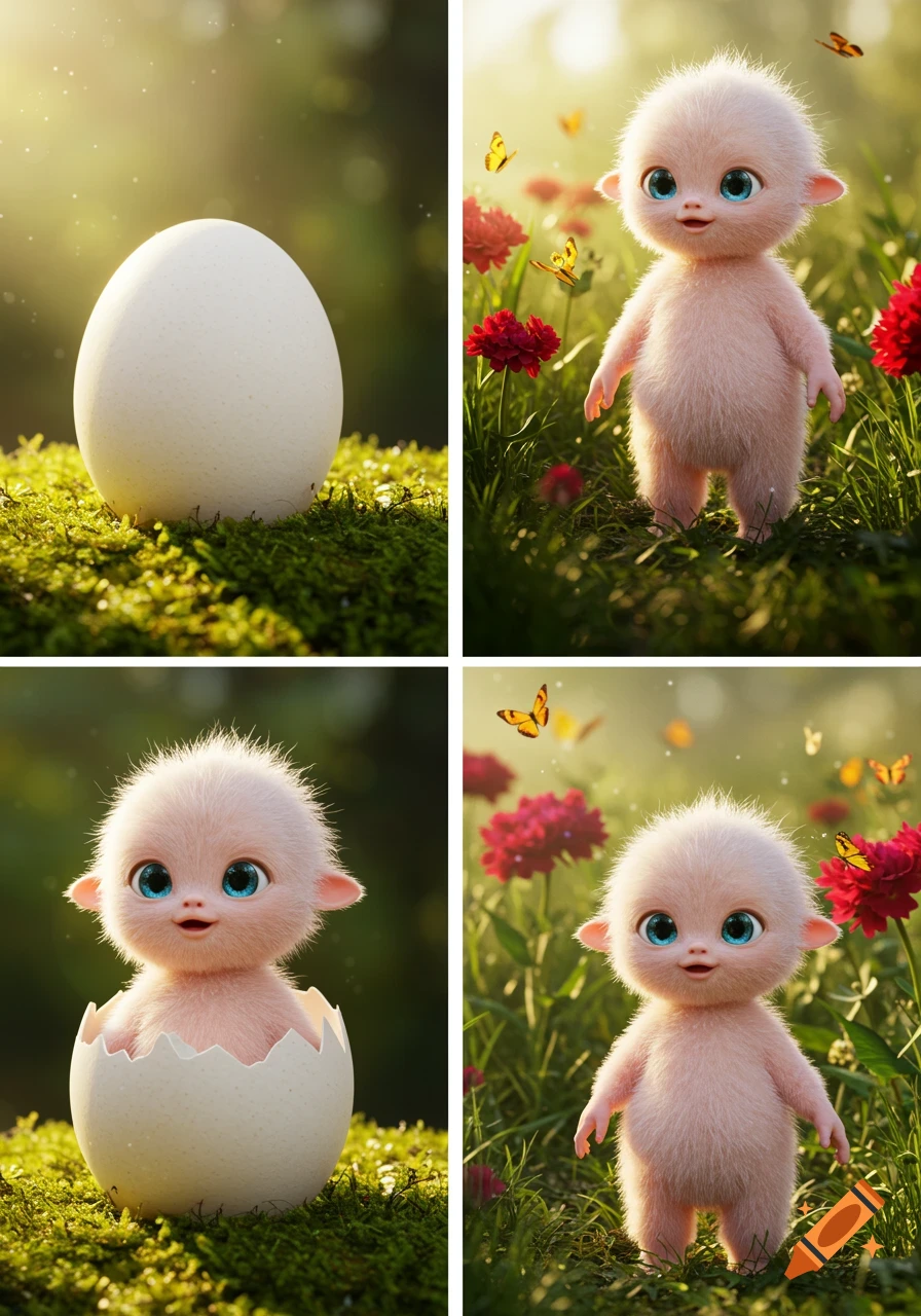 Four images showing the life of a fluffy pink creature: an egg on moss, the creature in a field, hatching from an egg, and standing happily in nature.