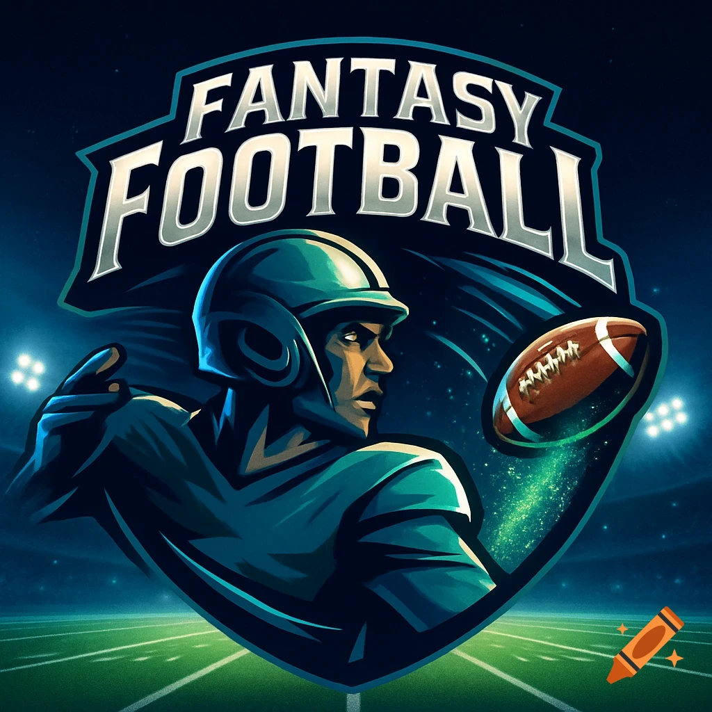 Stylized fantasy football logo with a player in a helmet, a football, and 'FANTASY FOOTBALL' text over a stadium background.