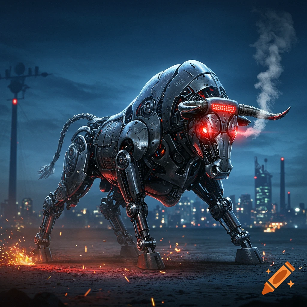 A detailed, futuristic mechanical bull with glowing red eyes and head-mounted lights stands on all fours in a city at night, with sparks on the ground.