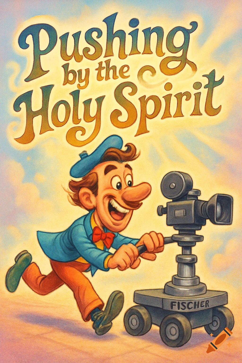 A happy cartoon man in a blue beret and jacket pushes a vintage film camera on a dolly under the text "Pushing by the Holy Spirit".