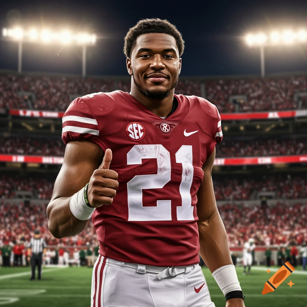 A smiling photorealistic football player in a red jersey with number 21 gives a thumbs up on a stadium field.