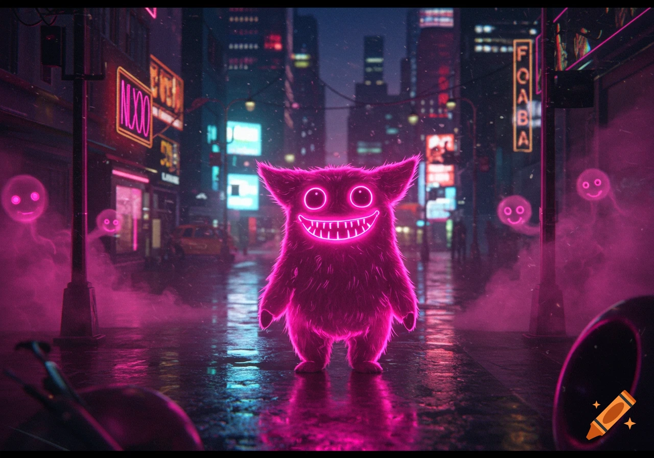 A cute, fluffy, glowing neon pink monster with sharp teeth stands in a rainy, futuristic cityscape with neon signs and glowing pink smoke.