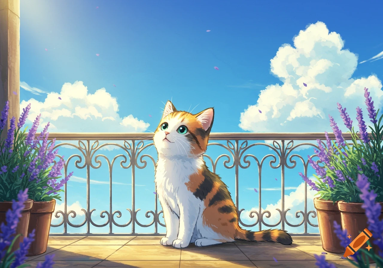 An adorable anime-style calico kitten sits on a sunny balcony with lavender plants, looking up at the bright blue sky with fluffy white clouds.
