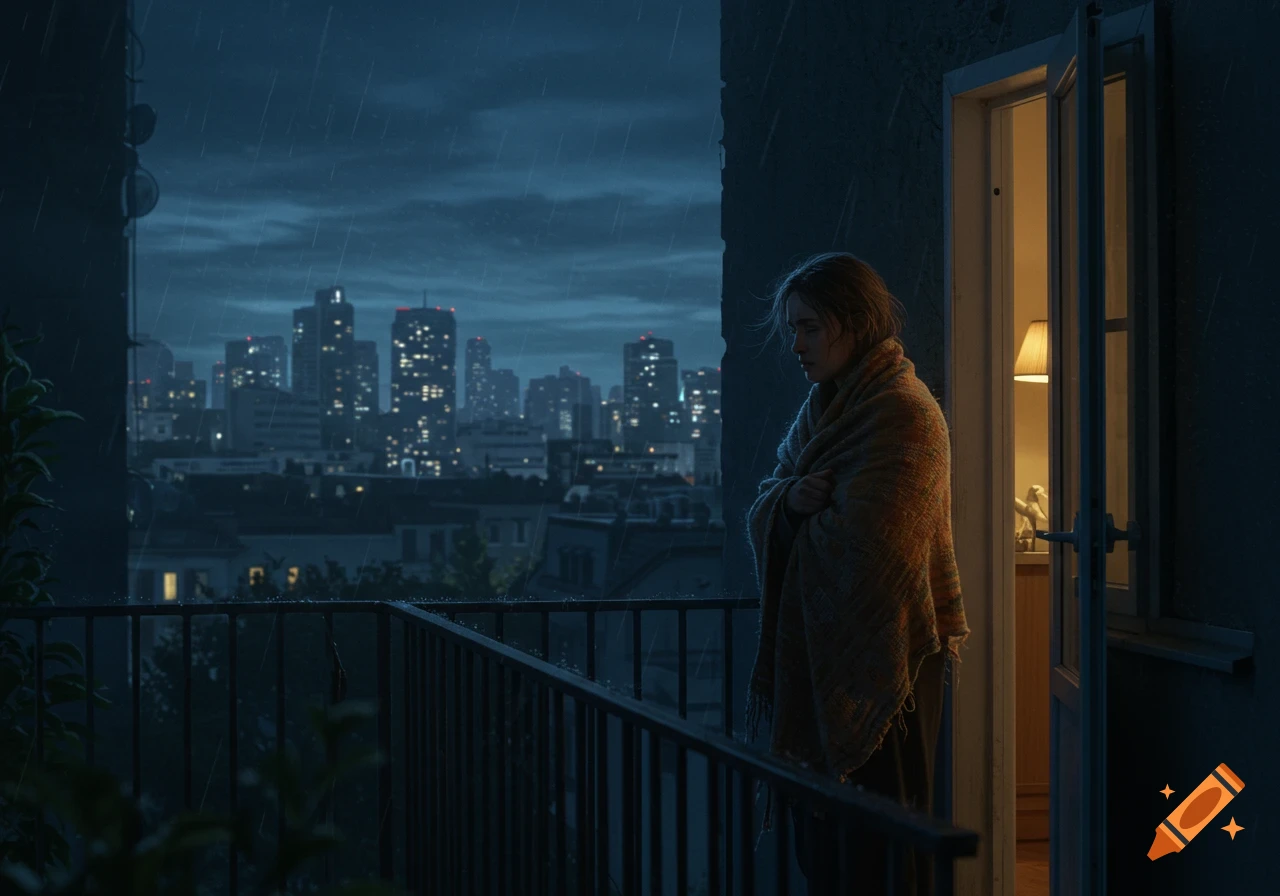 A woman wrapped in a blanket stands sadly on a balcony overlooking a rainy city skyline at night. Photorealistic.