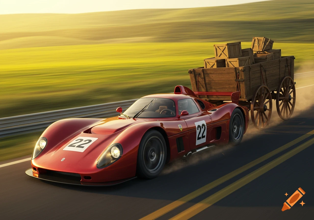 A red vintage race car with the number 22 pulls a wooden wagon on a highway through a green field at sunset.