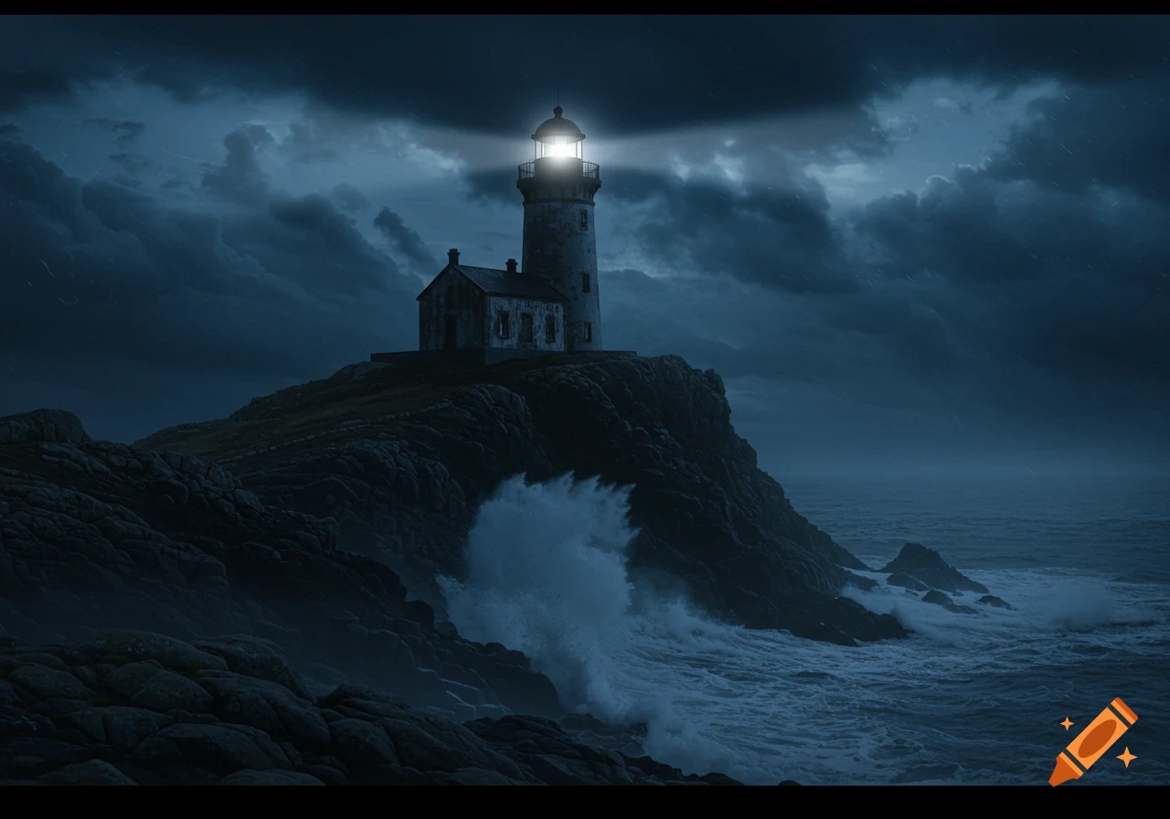 A photorealistic image of a lighthouse on a rocky cliff under a stormy night sky with crashing waves.
