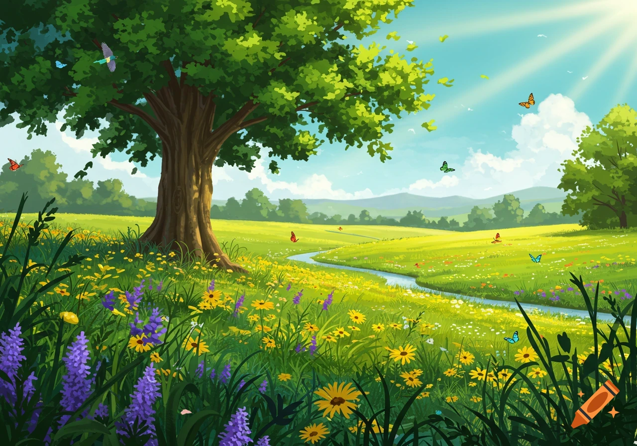 A vibrant illustration of a lush green meadow with a large tree, colorful wildflowers, a winding stream, and butterflies under a sunny blue sky.