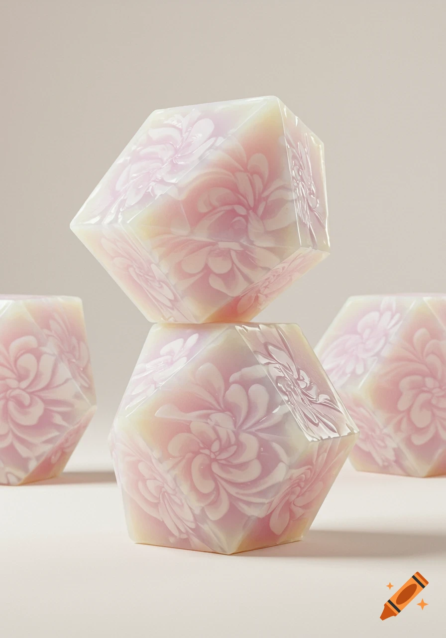 Stacked opalescent geometric objects with pink and white floral patterns on a light background.