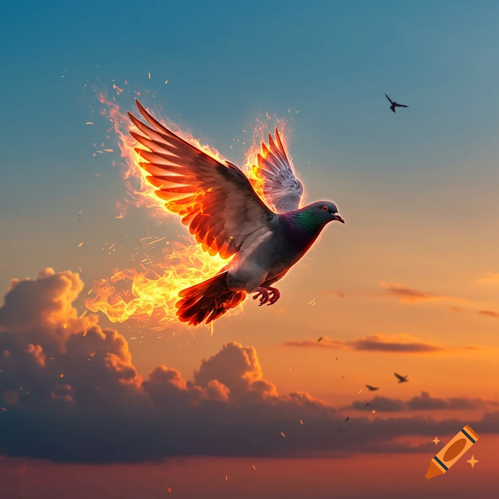 A pigeon with fiery wings flies through a sunset sky with clouds.