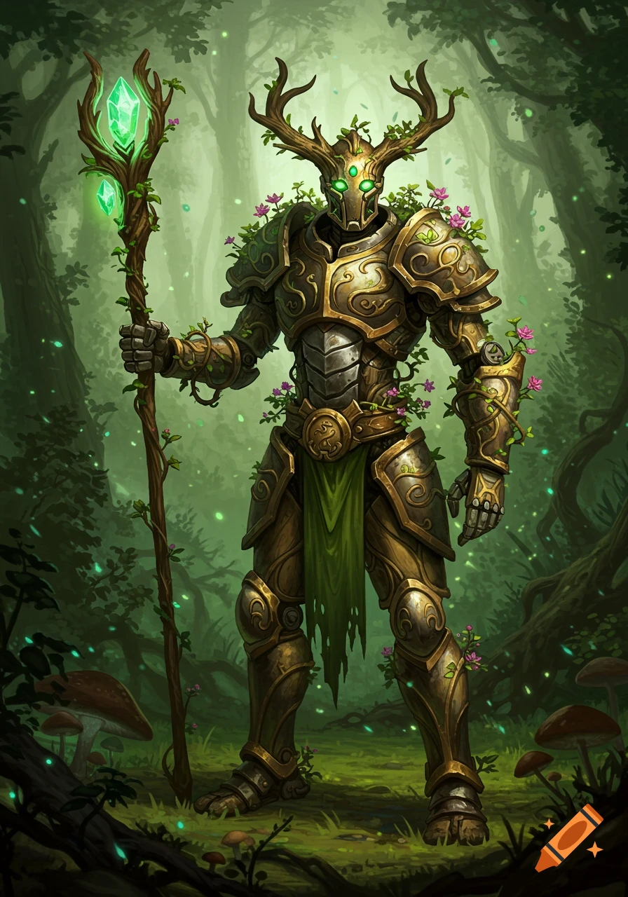 A majestic warforged druid in ornate, vine-covered golden armor with antler-like branches on its head, holding a crystal staff in a vibrant, glowing forest.
