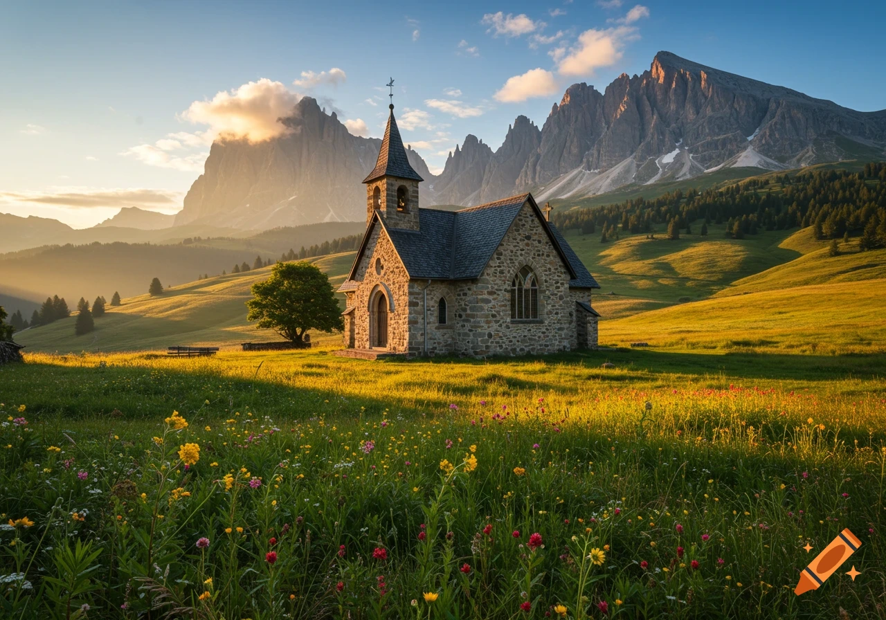 Photorealistic stone country church in a vibrant flowery meadow, with majestic mountains under golden hour light.