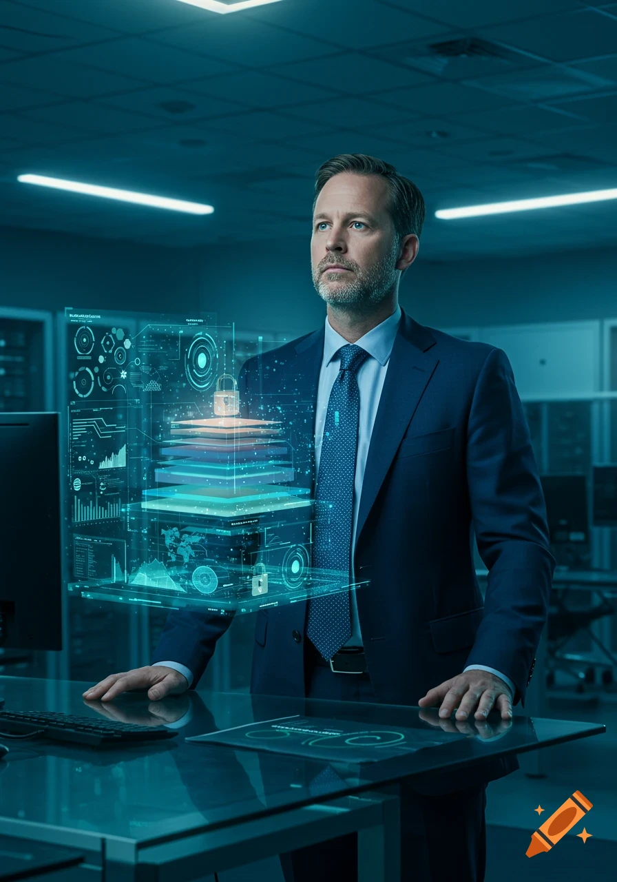 A man in a suit stands in a server room, looking at a floating holographic display showing data and security layers in a futuristic style.