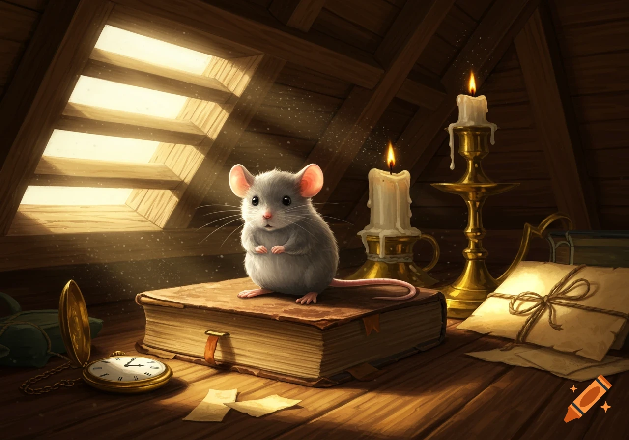 A cute grey mouse stands on an old book in a dusty attic, illuminated by sunbeams from a window and warm candlelight.