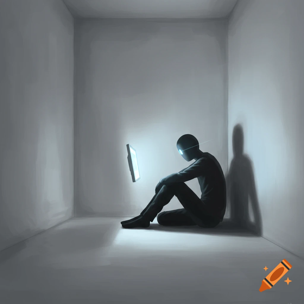 Stylized dark figure sitting on the floor in a minimalist grey room, gazing at a glowing, upright screen.