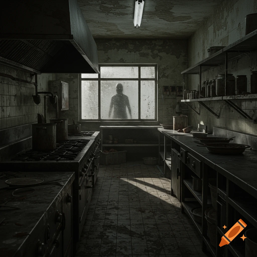 A dark, derelict kitchen with old equipment and a shadowy, silhouetted figure visible through a frosted window. Photorealistic, horror style.