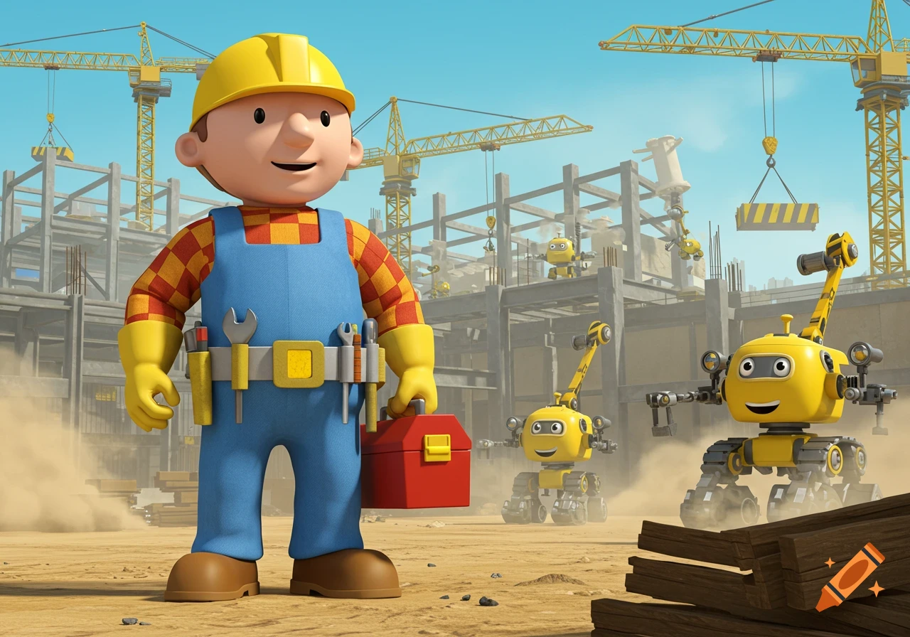 A smiling cartoon construction worker in a yellow hard hat and blue overalls stands with several yellow robots at a dusty construction site with cranes.
