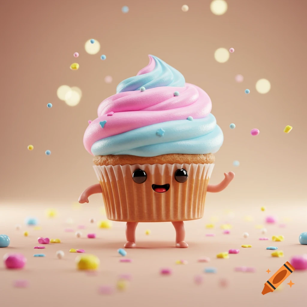 A cute 3D animated cupcake with pink and blue frosting, a happy face, arms, and legs, surrounded by colorful sprinkles.