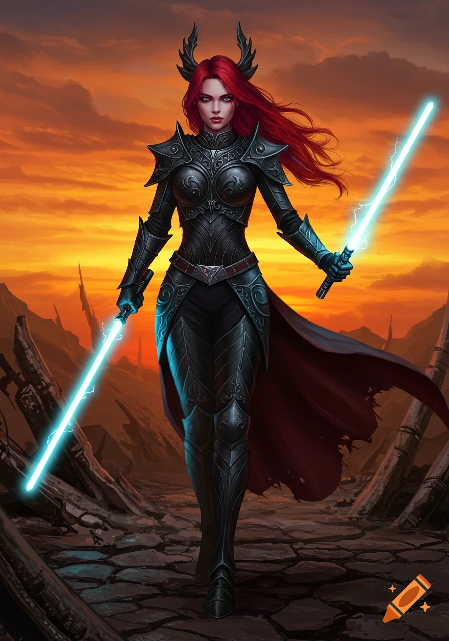 Crimson-haired female warrior in black armor stands holding two glowing blue lightsabers in a ruined landscape against an orange sunset.