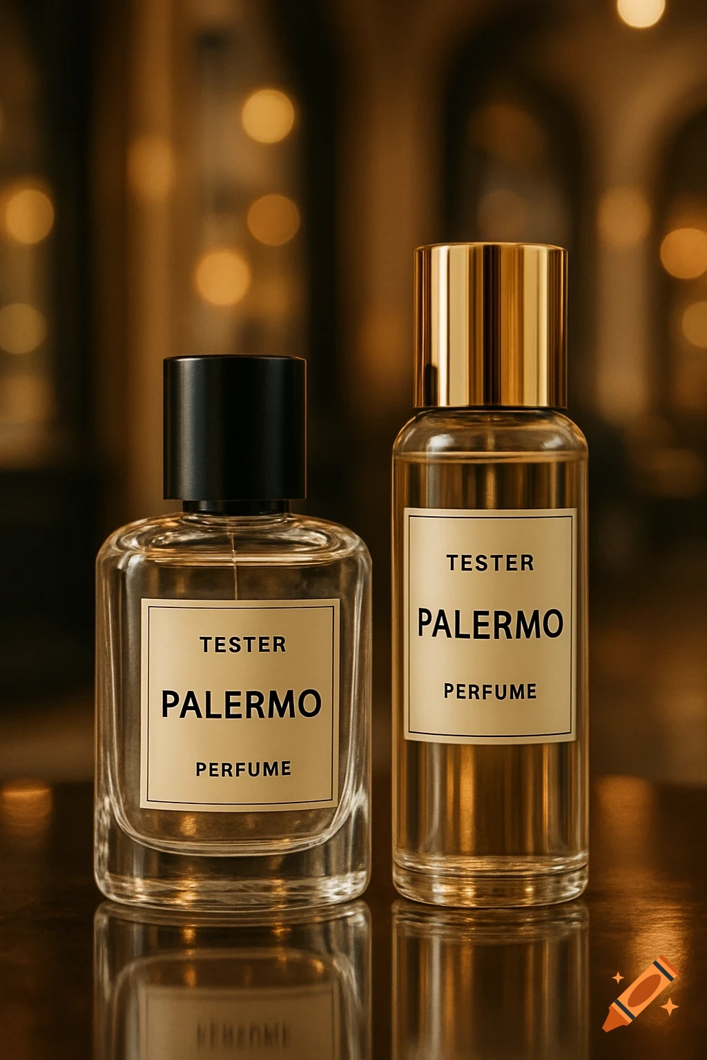 Two photorealistic perfume tester bottles with 'Palermo Perfume' labels, on a reflective surface with a warm, bokeh background.