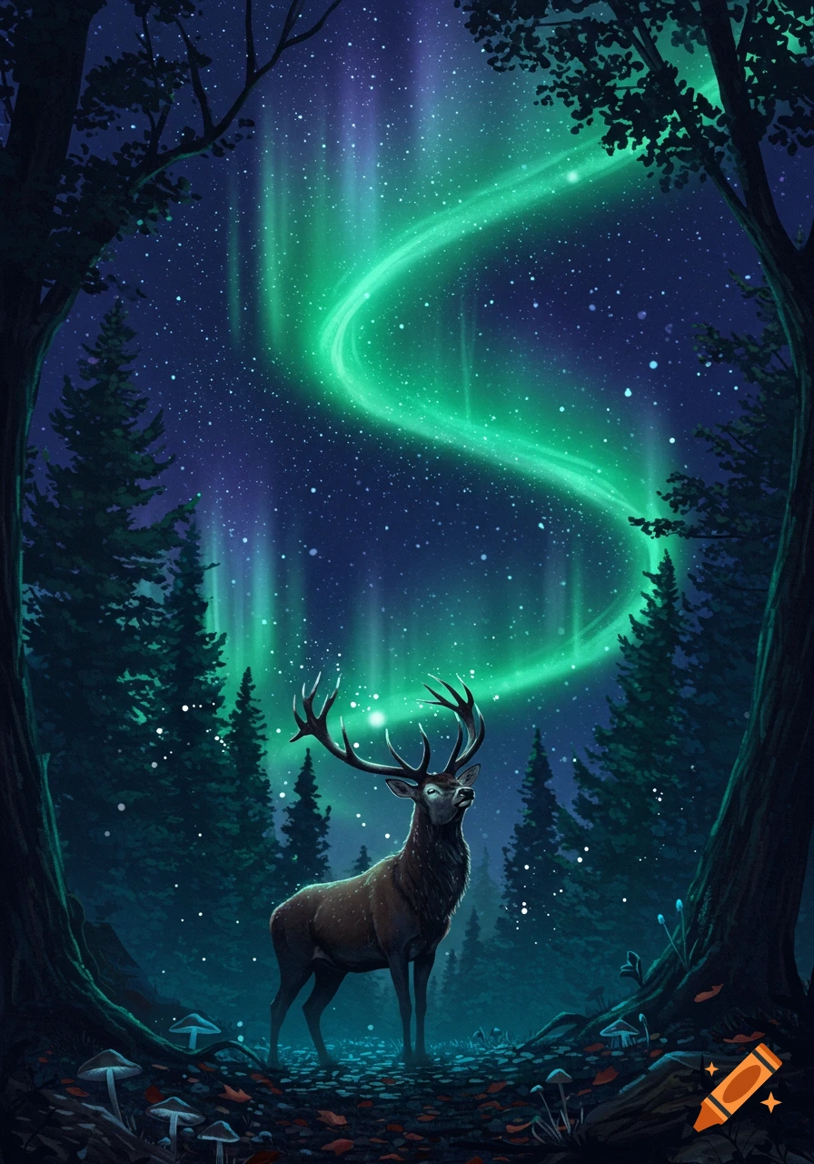 A majestic deer with large antlers stands in a dark, magical forest under a vibrant green aurora borealis. Digital illustration.