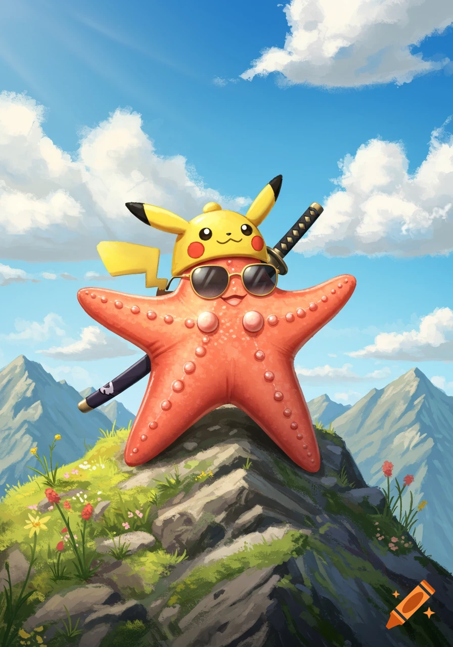 A charismatic red starfish wearing a Pikachu hat and sunglasses, with a katana on its back, stands on a sunny mountain peak.