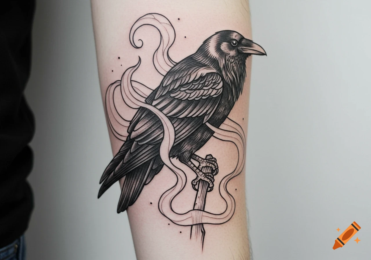 A stylized black line art tattoo of a raven perched on a branch with swirling smoke, on a forearm.
