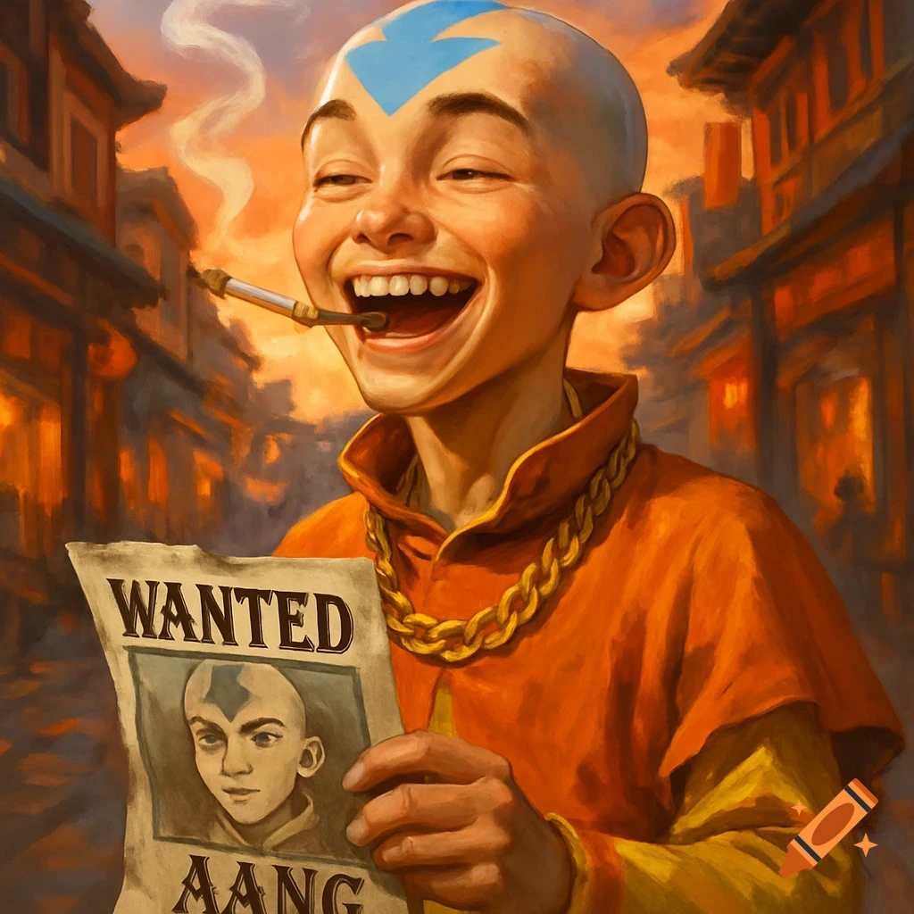 Young Aang from Avatar the Last Airbender, laughing with a cigarette and a gold chain, holding a wanted poster of himself. Detailed illustration.